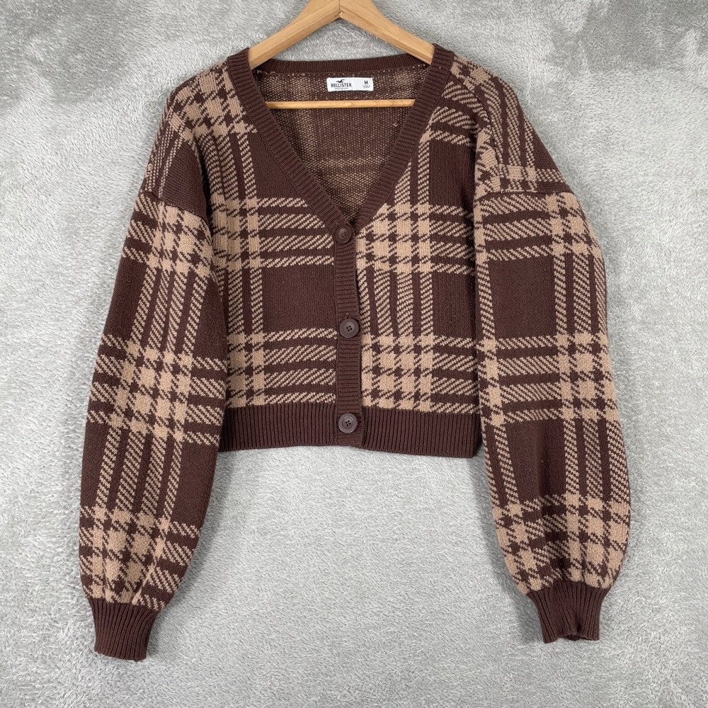 Hollister Cardigan Sweater Womens Medium‎ Brown Plaid Cropped Button Up Preppy